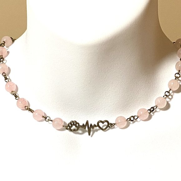 Natural Pink Rose Quartz Necklace, Bronze Paw Print Heart Beat+ Genuine Gemstone - Picture 2 of 14